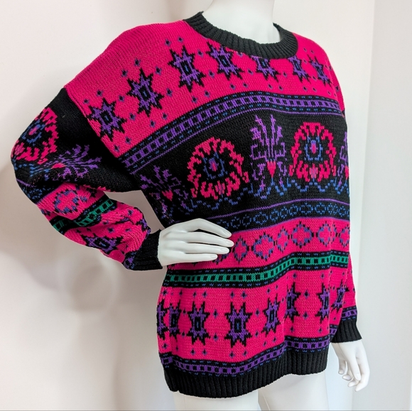 80s Vintage Hot Pink, Black, Purple, Green Funky Crew Neck Sweater - Picture 3 of 5